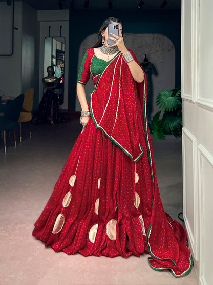 Red Pure Bandhej Print on Satin Chiffon Gamthi Work Navratri Lehenga Choli