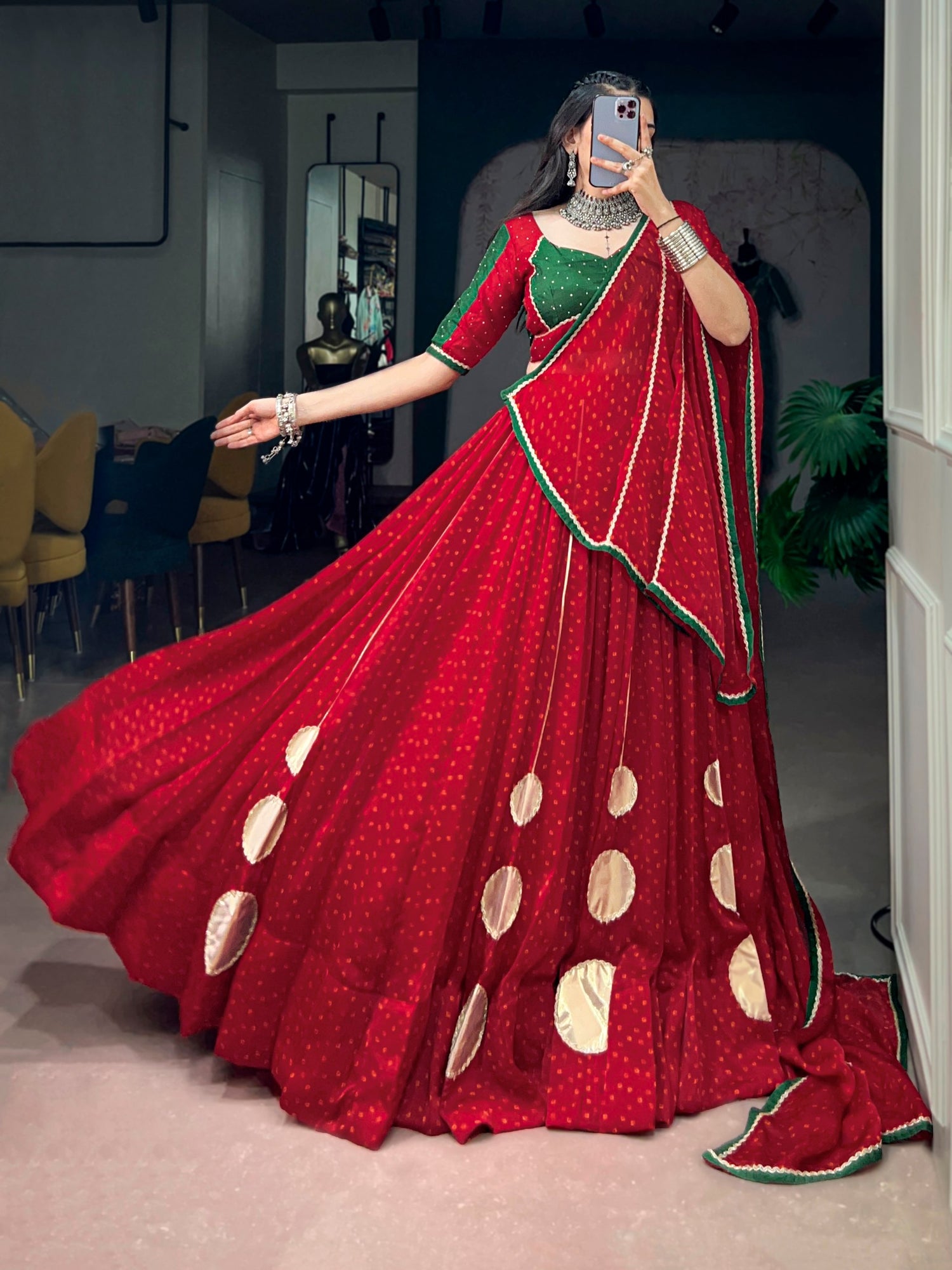 Red Pure Bandhej Print on Satin Chiffon Gamthi Work Navratri Lehenga Choli