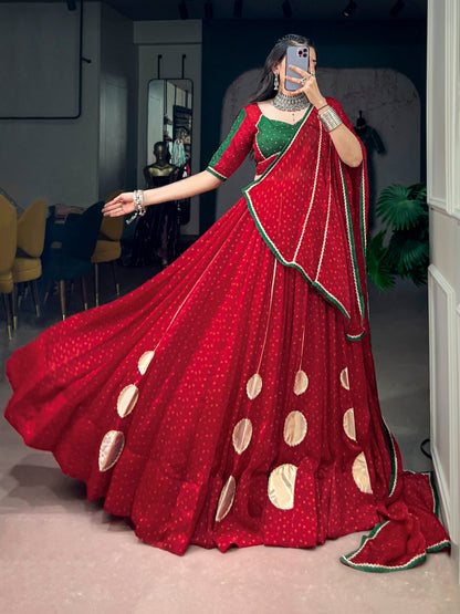 Red Pure Bandhej Print on Satin Chiffon Gamthi Work Navratri Lehenga Choli