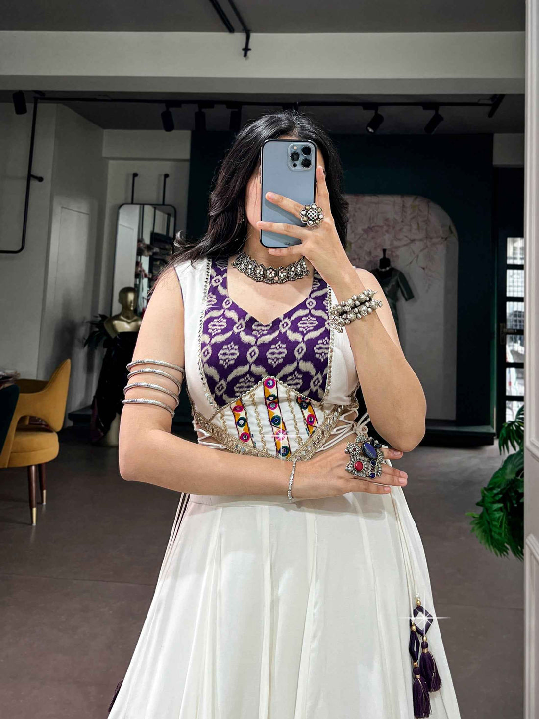 White Pure Reyon Cotton Printed Gamthi Work Navratri Lehenga Choli