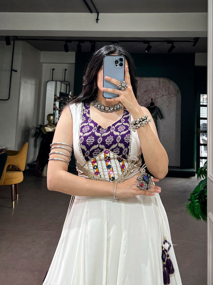 White Pure Reyon Cotton Printed Gamthi Work Navratri Lehenga Choli