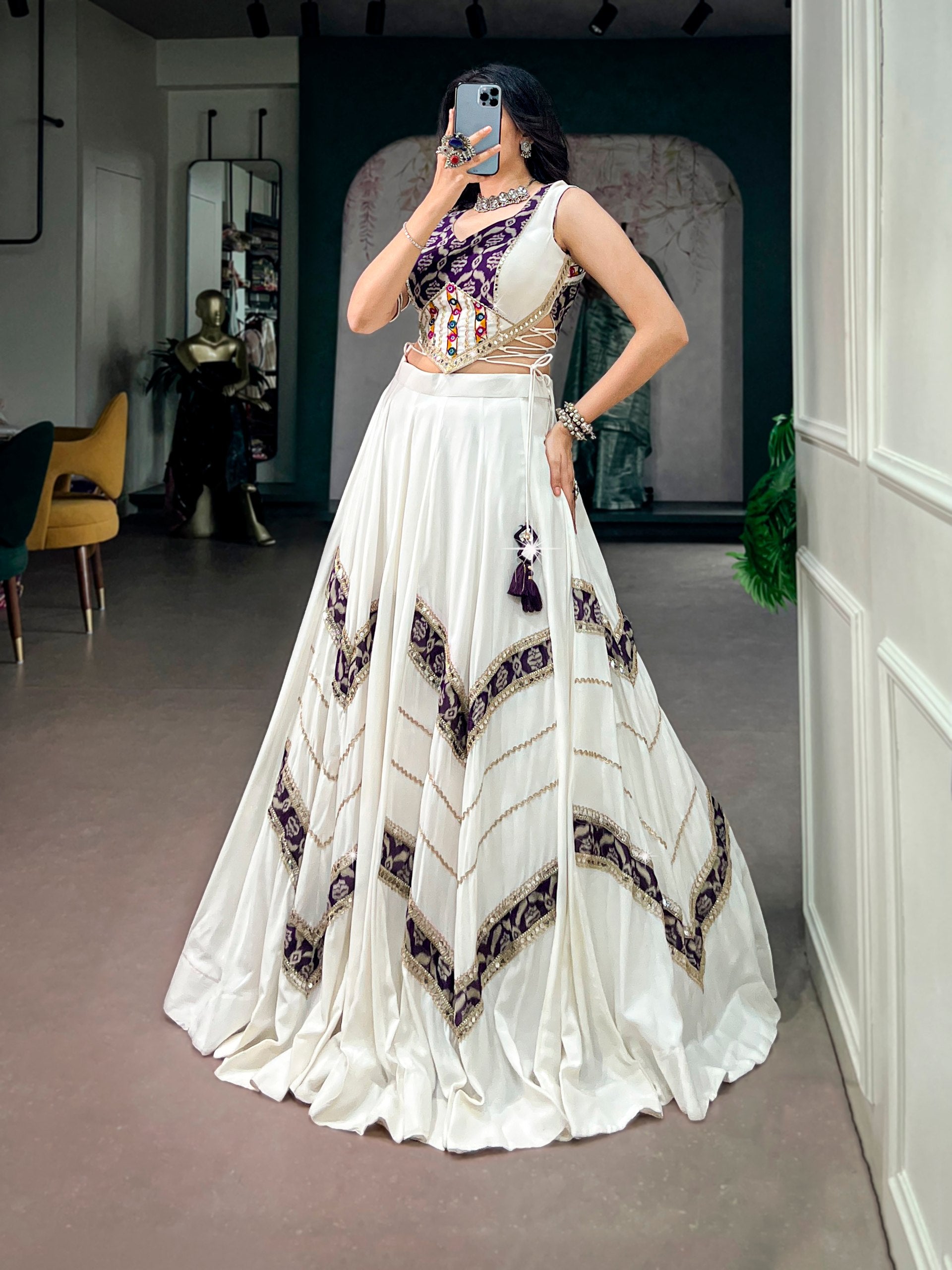 White Pure Reyon Cotton Printed Gamthi Work Navratri Lehenga Choli