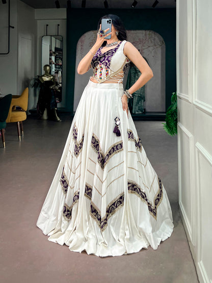 White Pure Reyon Cotton Printed Gamthi Work Navratri Lehenga Choli