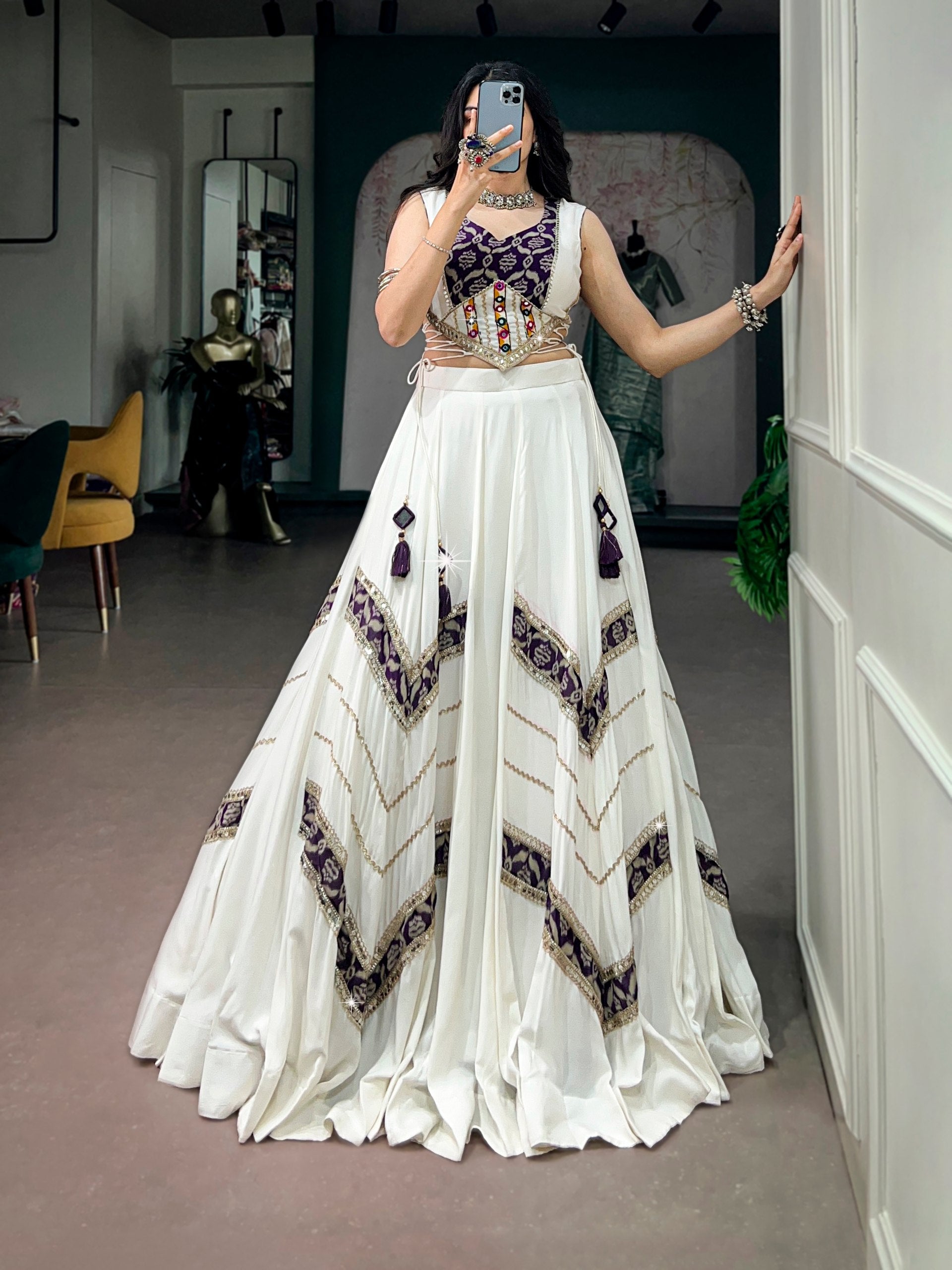 White Pure Reyon Cotton Printed Gamthi Work Navratri Lehenga Choli