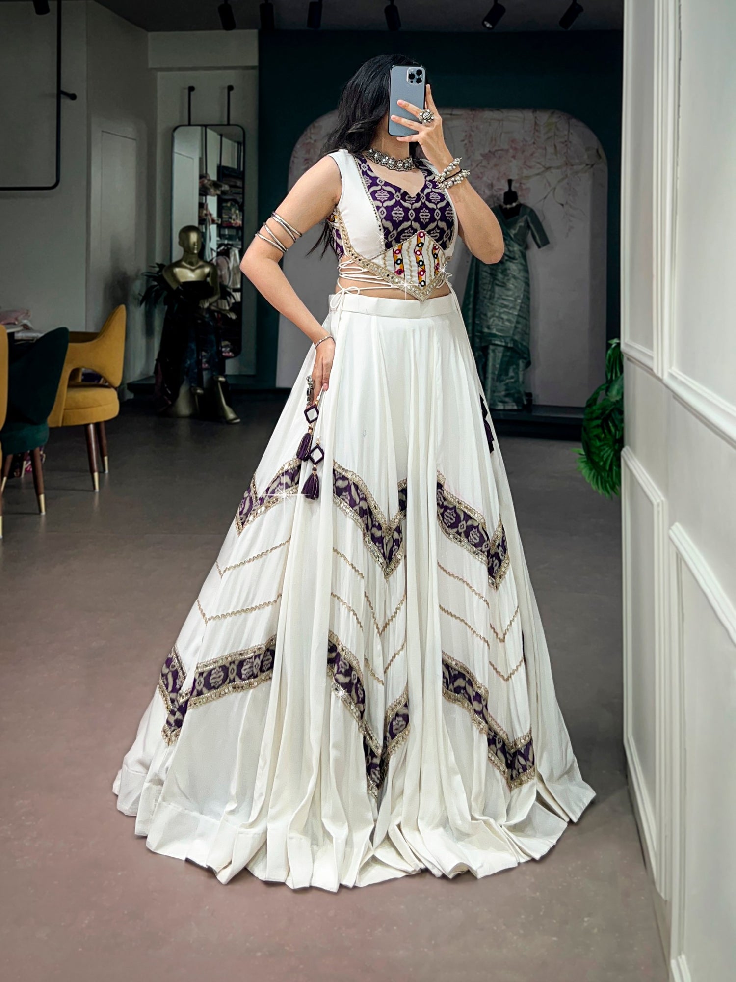 White Pure Reyon Cotton Printed Gamthi Work Navratri Lehenga Choli