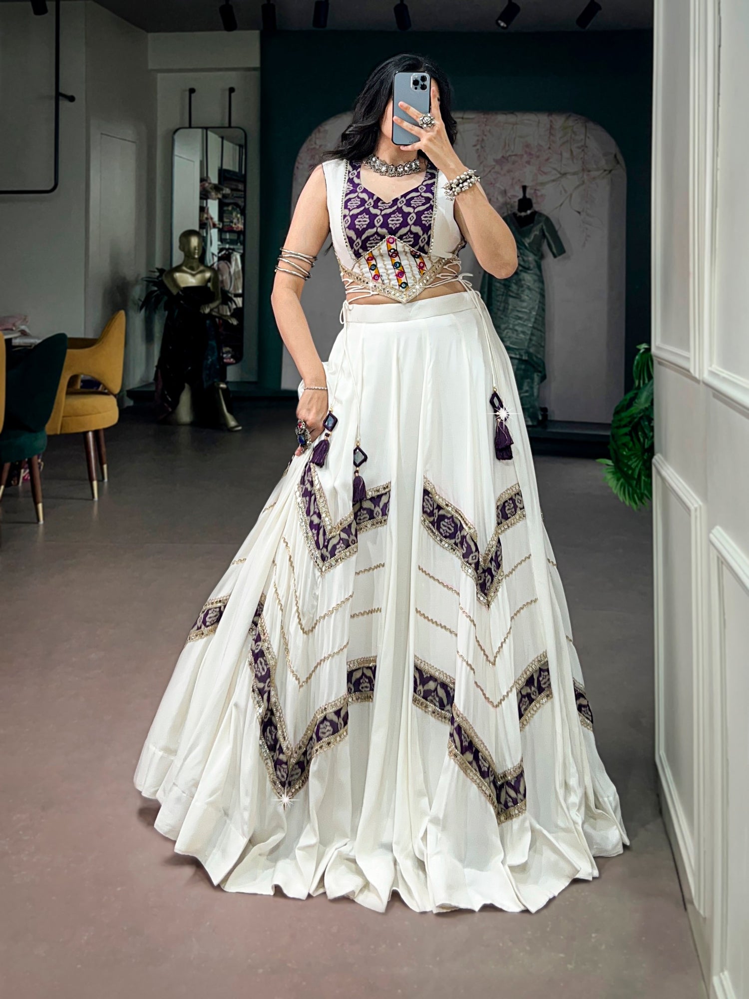 White Pure Reyon Cotton Printed Gamthi Work Navratri Lehenga Choli