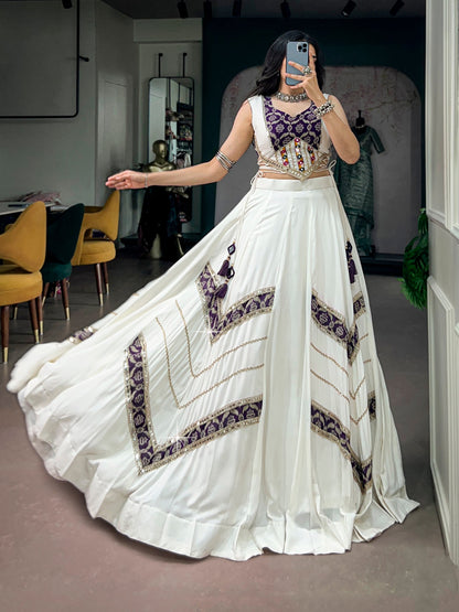 White Pure Reyon Cotton Printed Gamthi Work Navratri Lehenga Choli