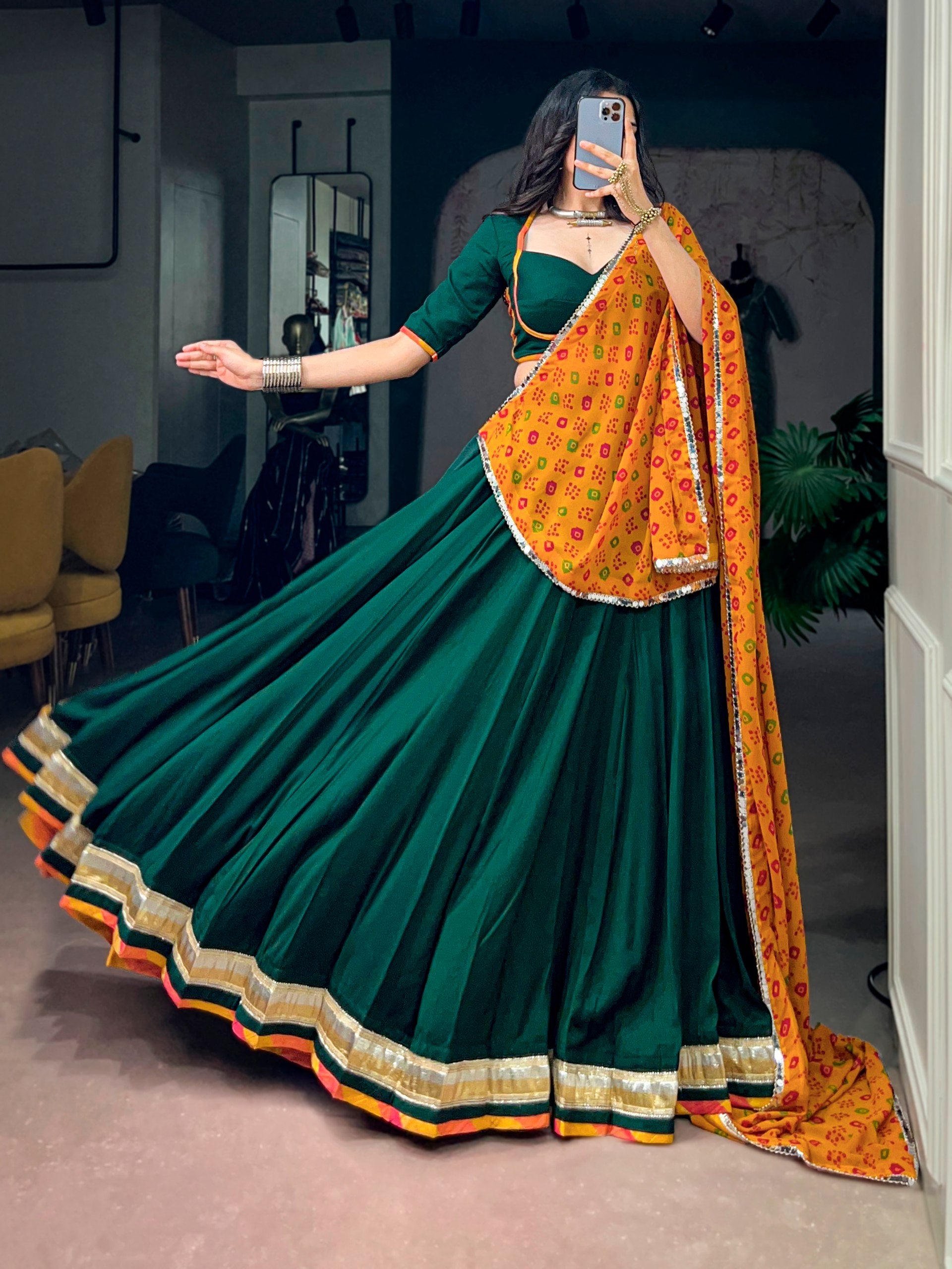 Green Pure Soft Chinon Printed Gamthi Work Navratri Lehenga Choli