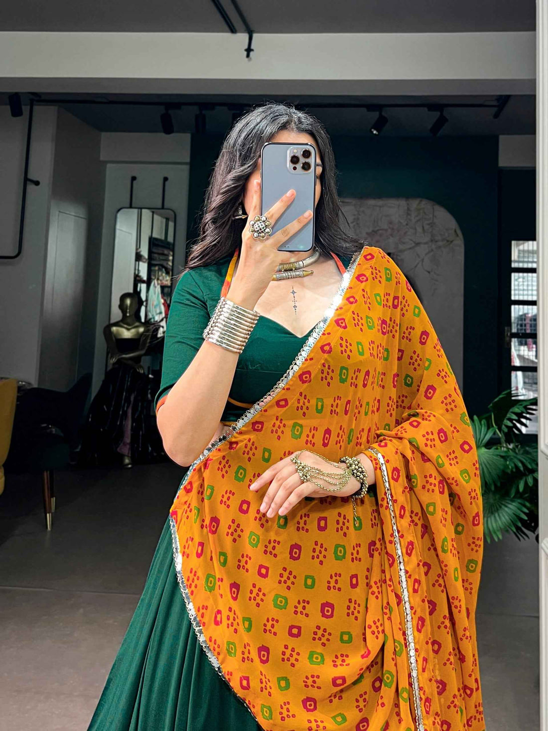 Green Pure Soft Chinon Printed Gamthi Work Navratri Lehenga Choli