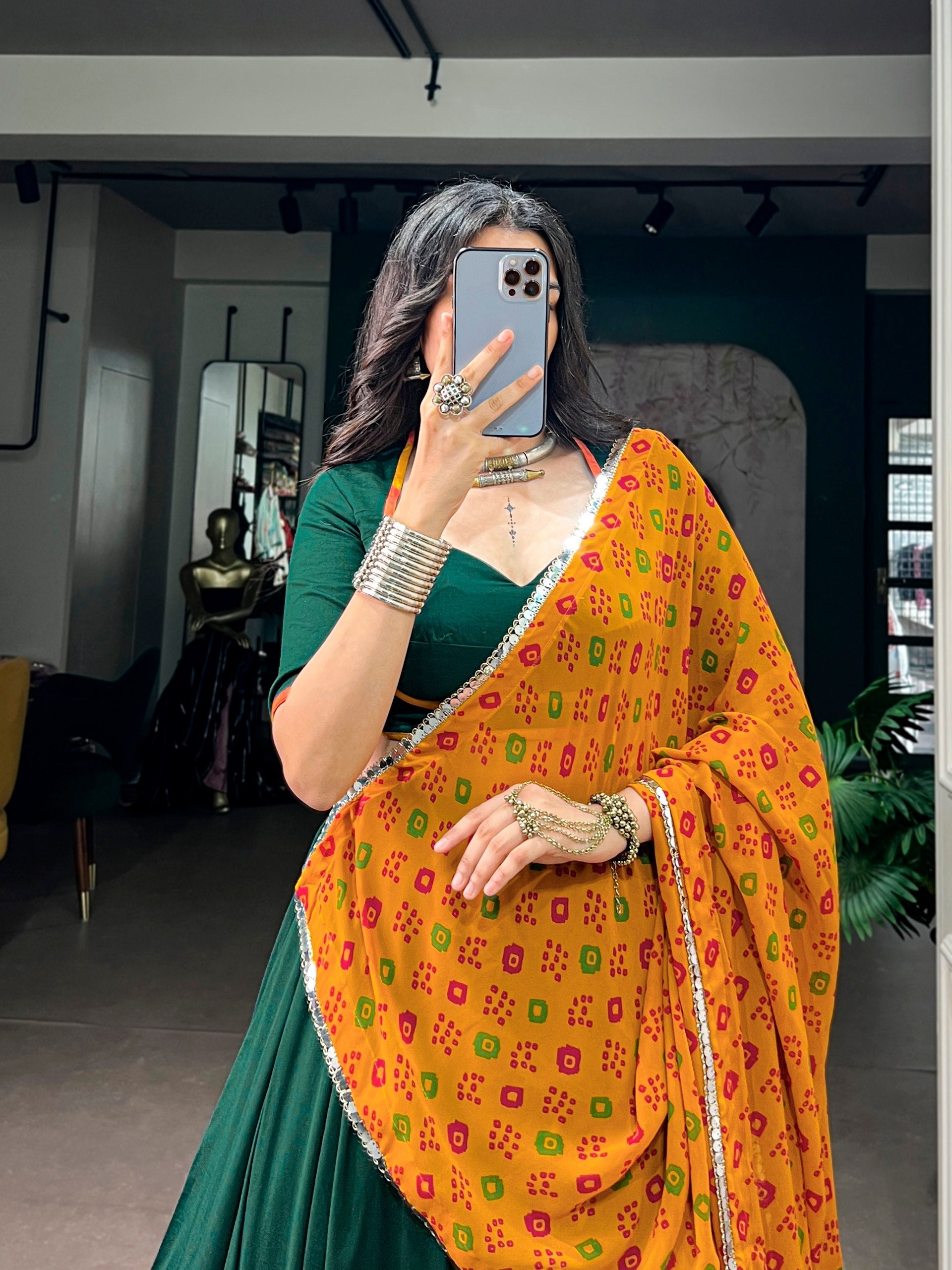 Green Pure Soft Chinon Printed Gamthi Work Navratri Lehenga Choli