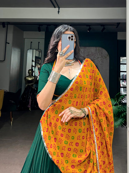 Green Pure Soft Chinon Printed Gamthi Work Navratri Lehenga Choli
