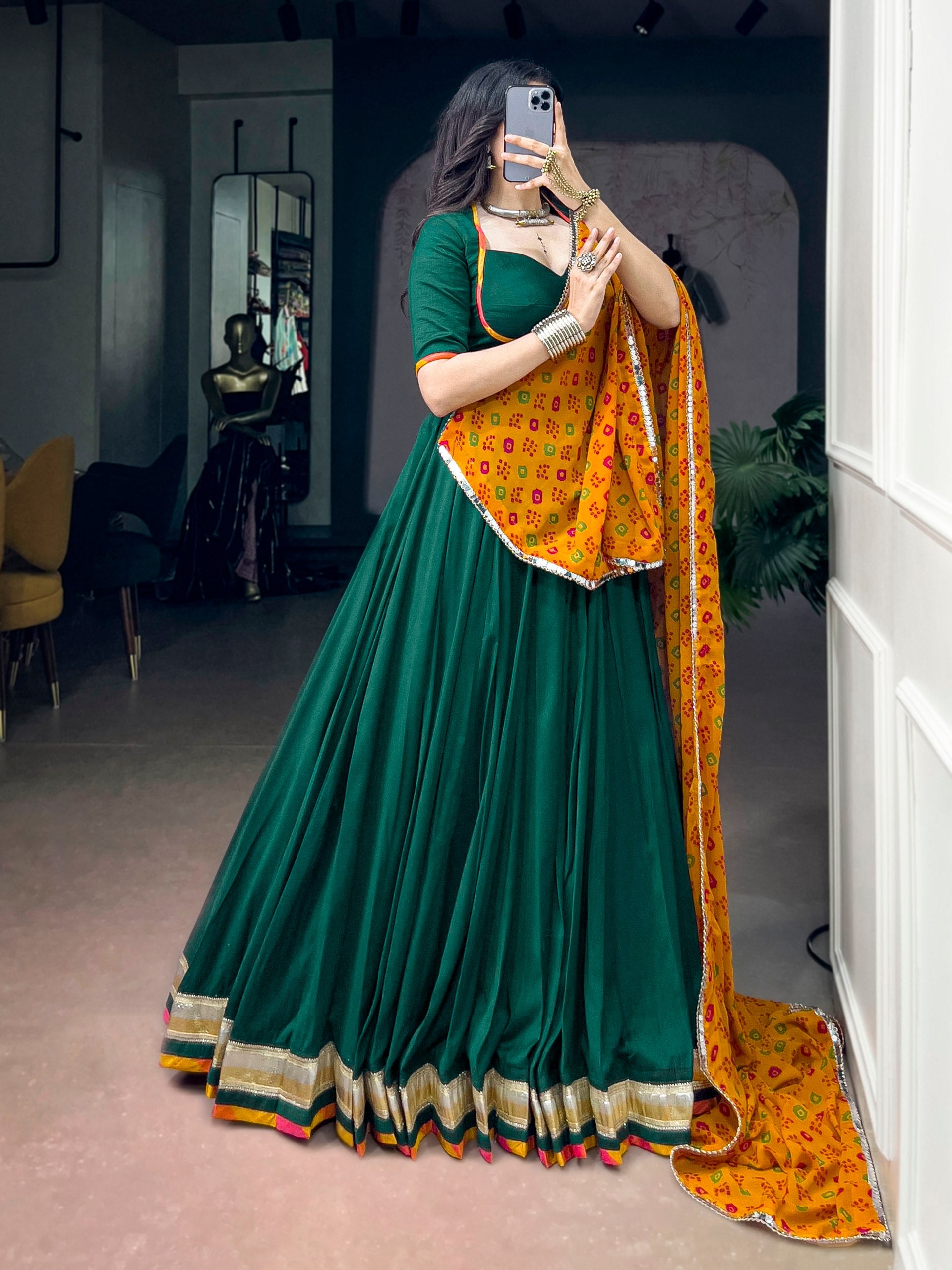 Green Pure Soft Chinon Printed Gamthi Work Navratri Lehenga Choli