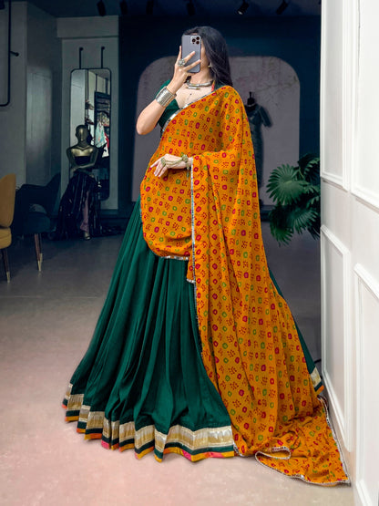Green Pure Soft Chinon Printed Gamthi Work Navratri Lehenga Choli