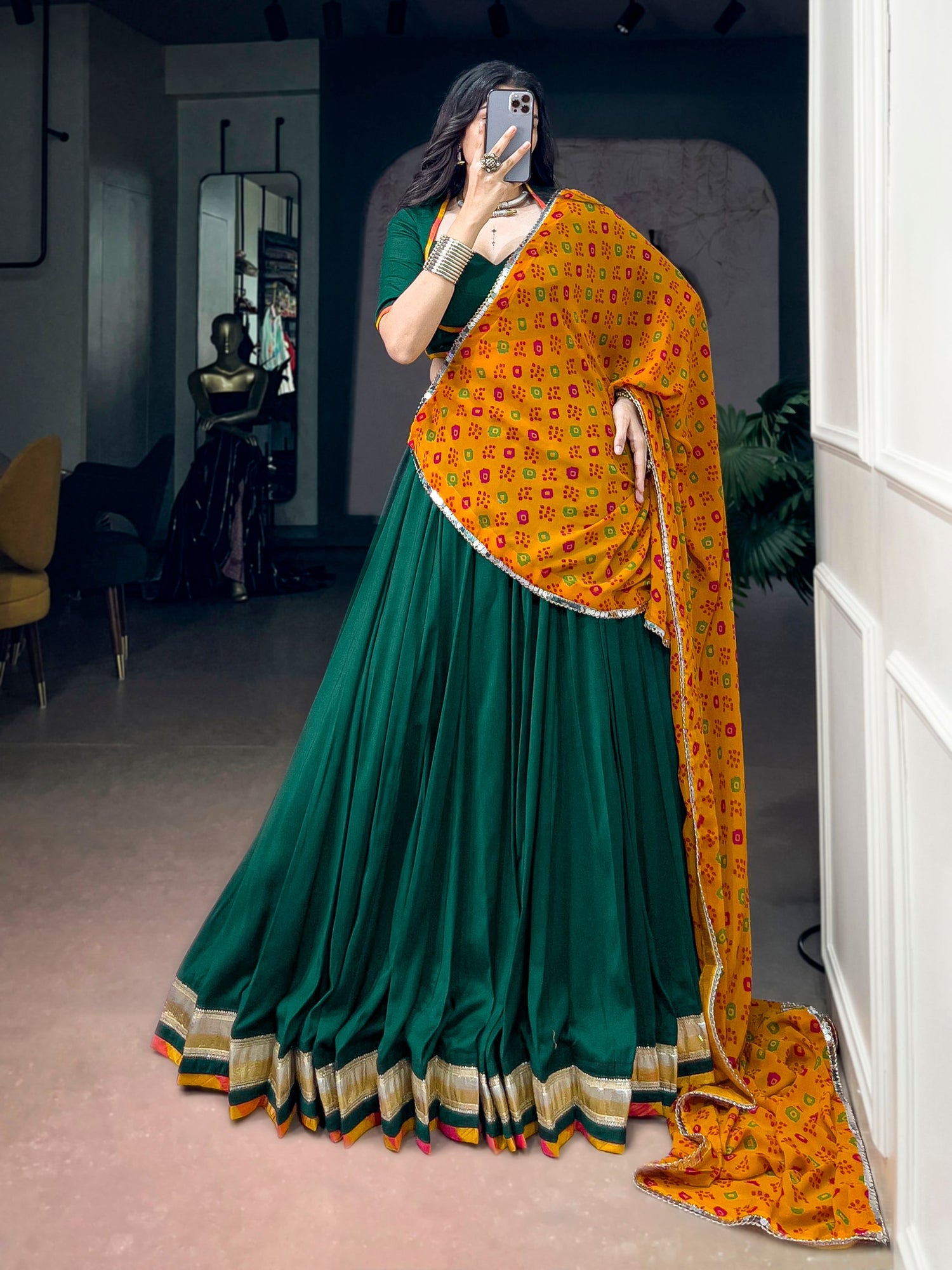 Green Pure Soft Chinon Printed Gamthi Work Navratri Lehenga Choli