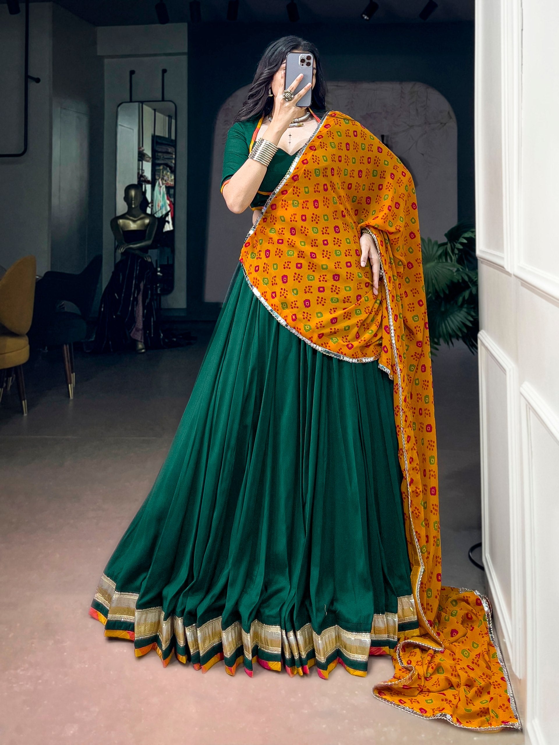 Green Pure Soft Chinon Printed Gamthi Work Navratri Lehenga Choli