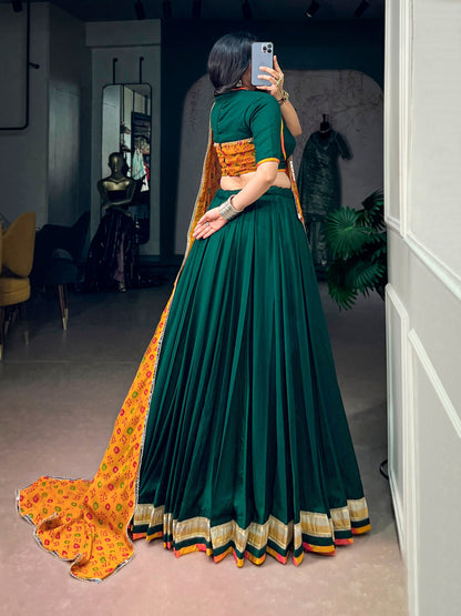 Green Pure Soft Chinon Printed Gamthi Work Navratri Lehenga Choli