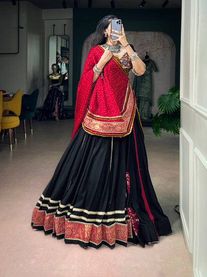 Black Pure Reyon Cotton Kutchi Gamthi Work Navratri Lehenga Choli