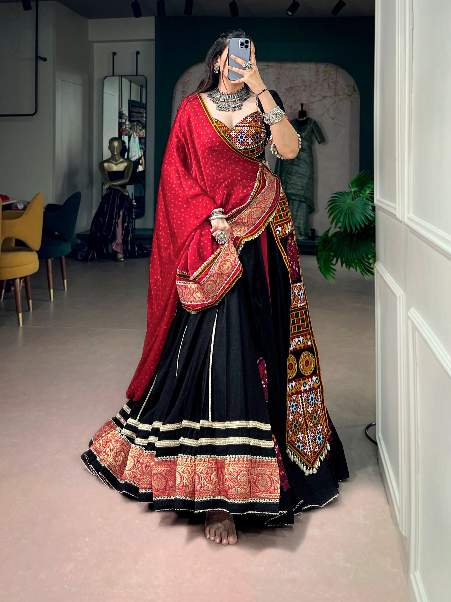 Black Pure Reyon Cotton Kutchi Gamthi Work Navratri Lehenga Choli