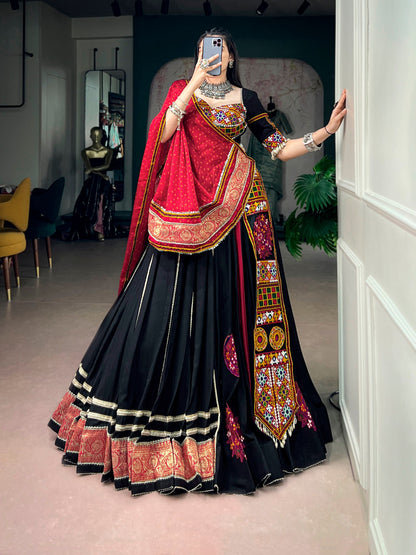 Black Pure Reyon Cotton Kutchi Gamthi Work Navratri Lehenga Choli