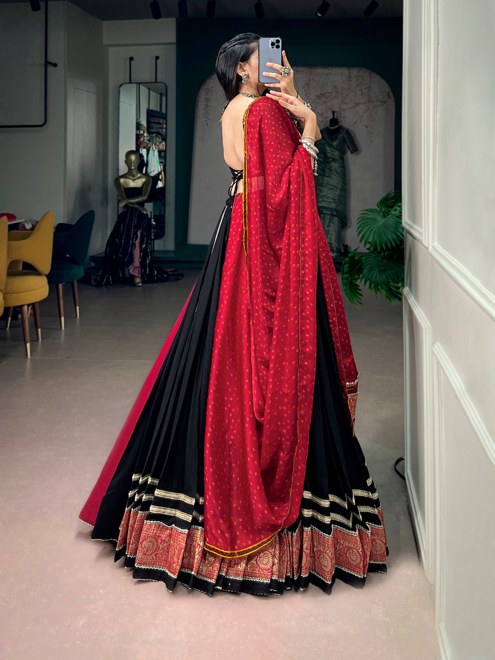 Black Pure Reyon Cotton Kutchi Gamthi Work Navratri Lehenga Choli