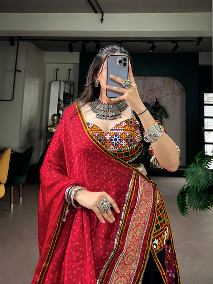 Black Pure Reyon Cotton Kutchi Gamthi Work Navratri Lehenga Choli
