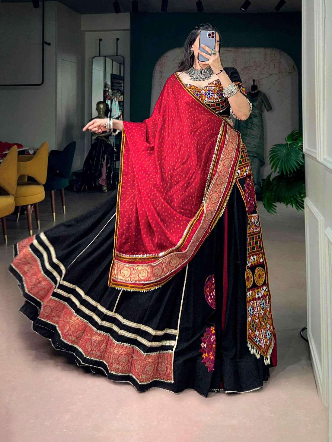 Black Pure Reyon Cotton Kutchi Gamthi Work Navratri Lehenga Choli