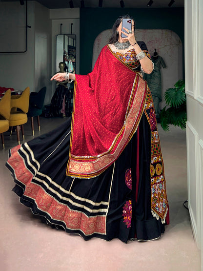 Black Pure Reyon Cotton Kutchi Gamthi Work Navratri Lehenga Choli