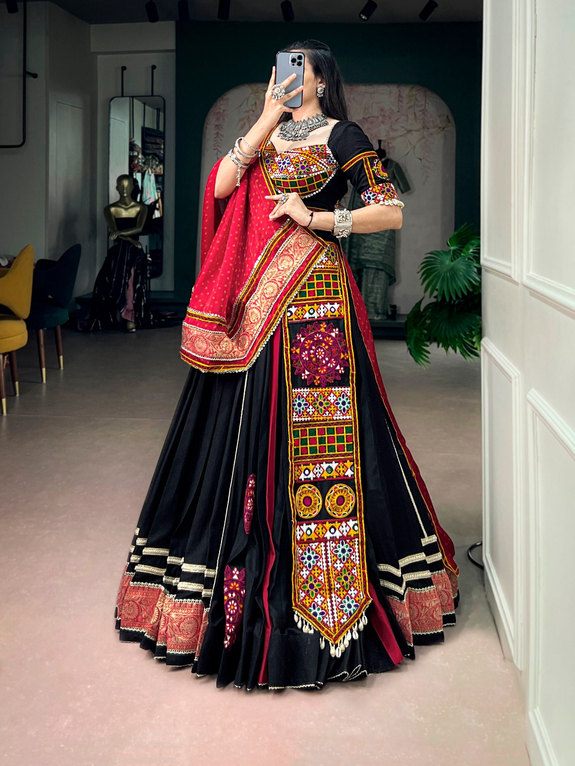 Black Pure Reyon Cotton Kutchi Gamthi Work Navratri Lehenga Choli
