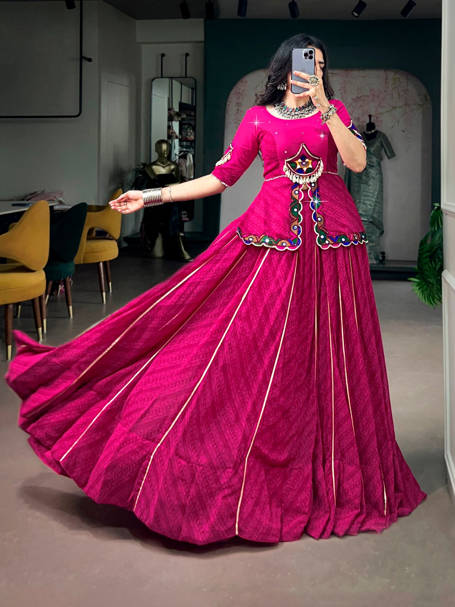Rani Pure Georgette Printed Gamthi Work Navratri Lehenga Choli