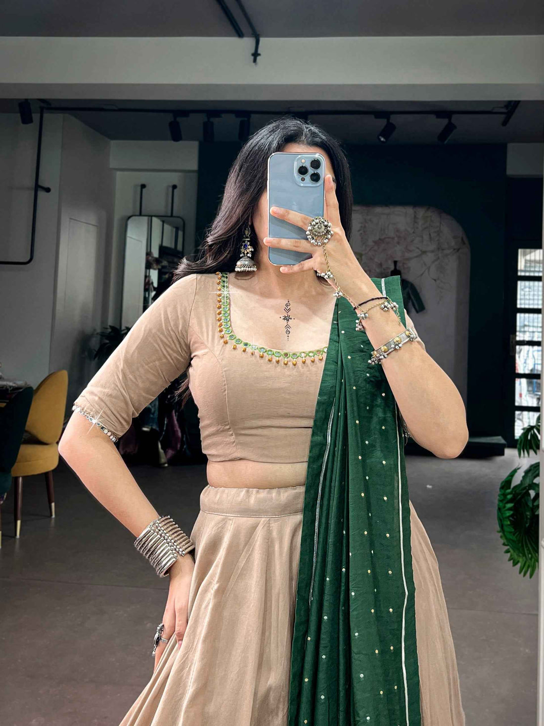 Chiku Pure Chanderi Printed Gamthi Work Navratri Lehenga Choli