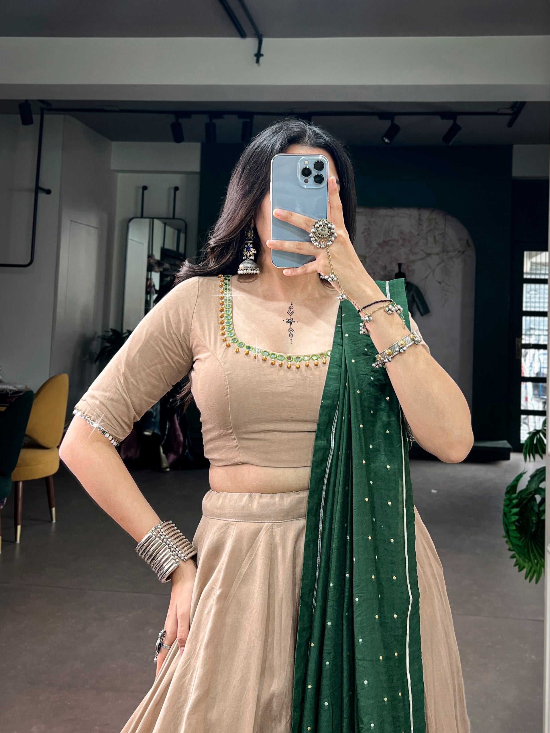 Chiku Pure Chanderi Printed Gamthi Work Navratri Lehenga Choli
