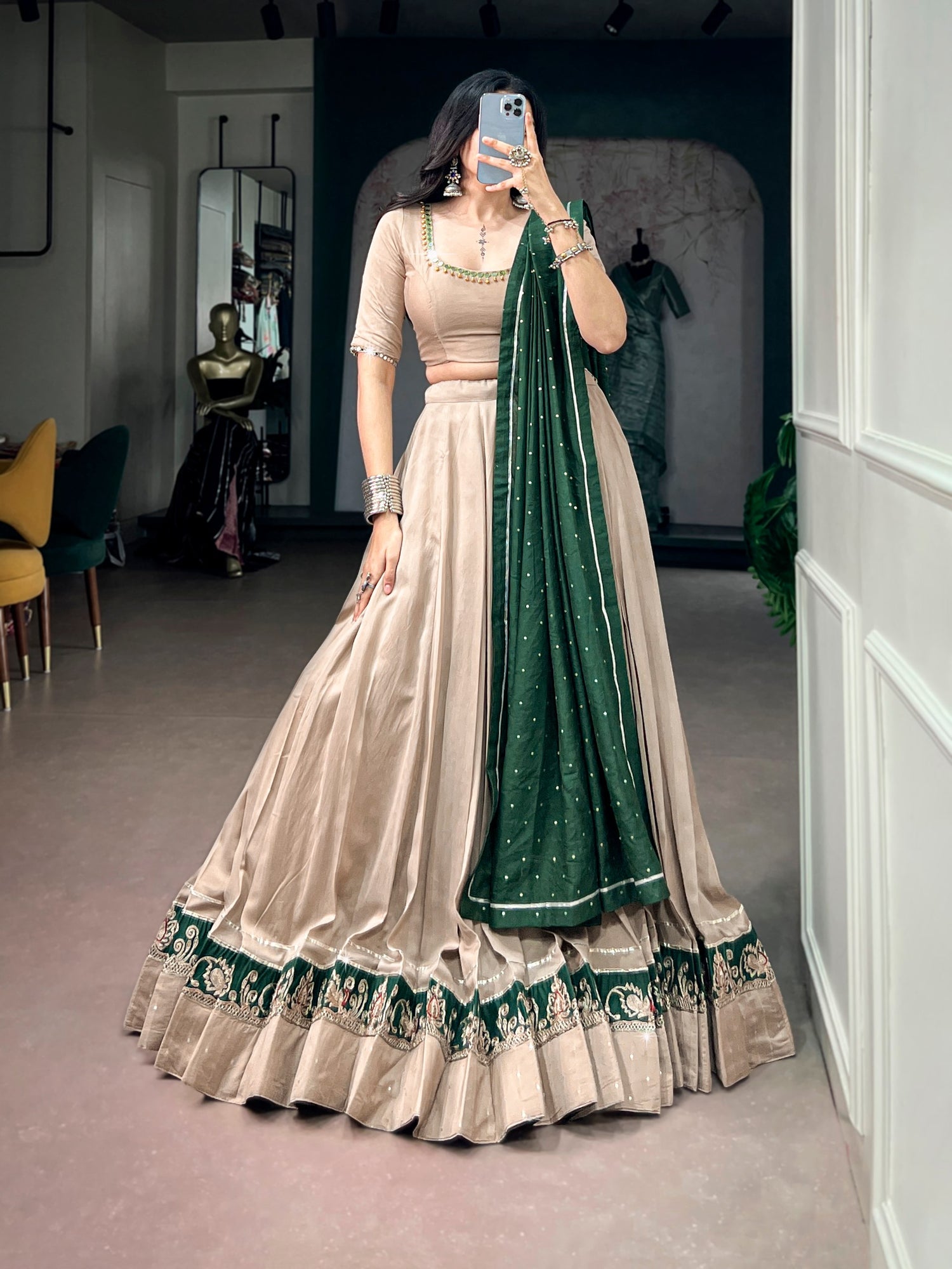 Chiku Pure Chanderi Printed Gamthi Work Navratri Lehenga Choli