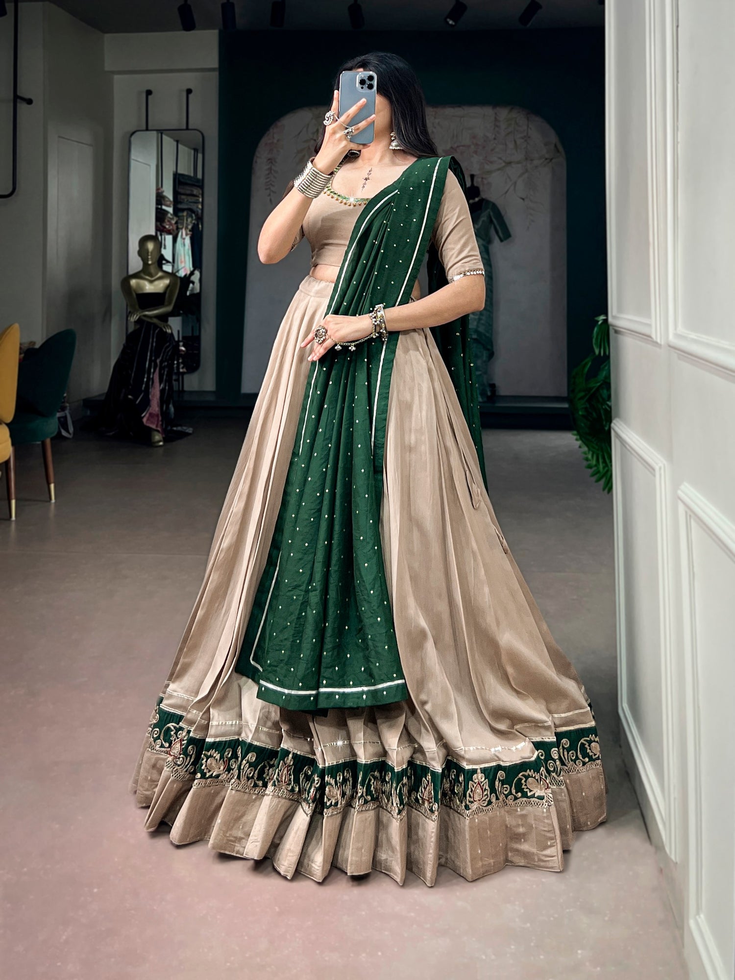 Chiku Pure Chanderi Printed Gamthi Work Navratri Lehenga Choli