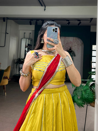 Yellow Pure Chanderi Gotta Patti Gamthi Work Navratri Lehenga Choli