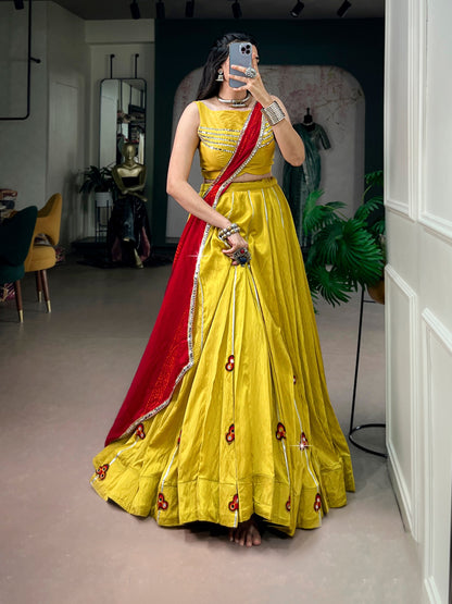 Yellow Pure Chanderi Gotta Patti Gamthi Work Navratri Lehenga Choli