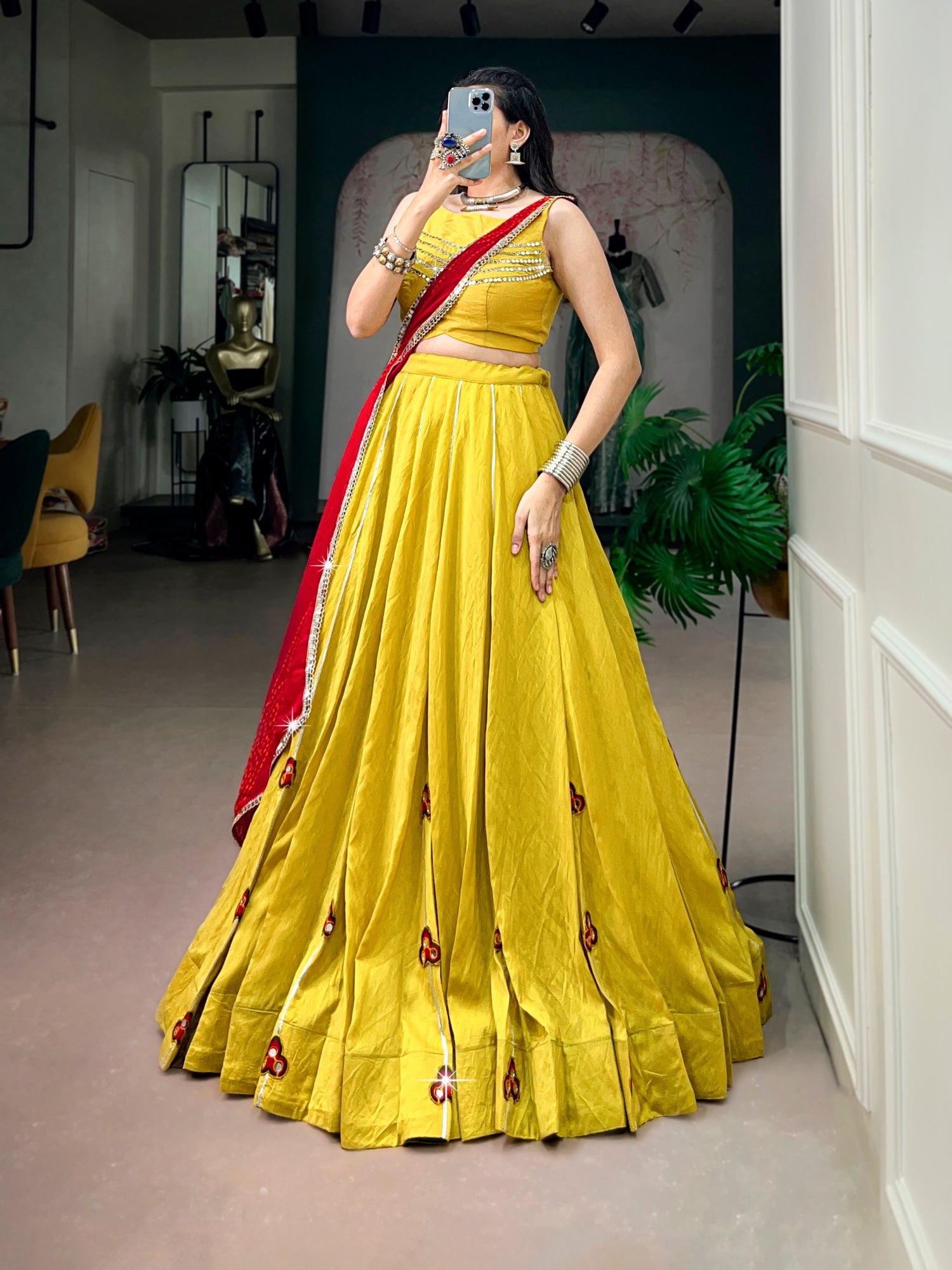 Yellow Pure Chanderi Gotta Patti Gamthi Work Navratri Lehenga Choli