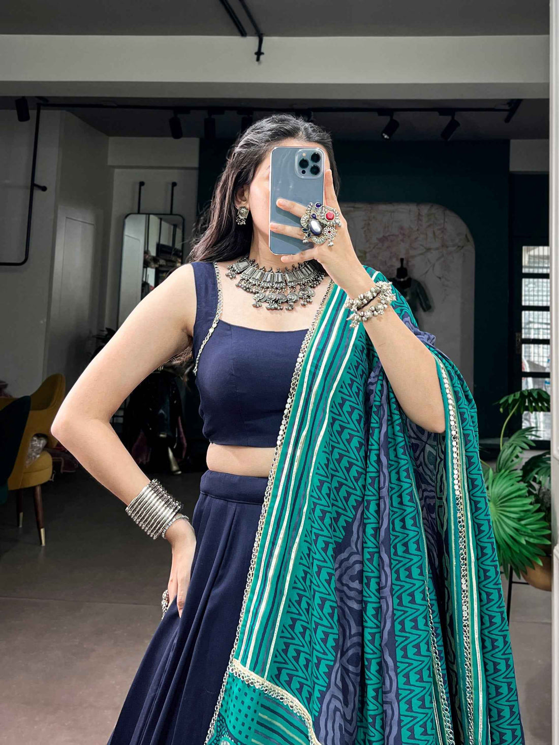Navy Blue Pure Rayon Gotta Patti Gamthi Work Navratri Lehenga Choli