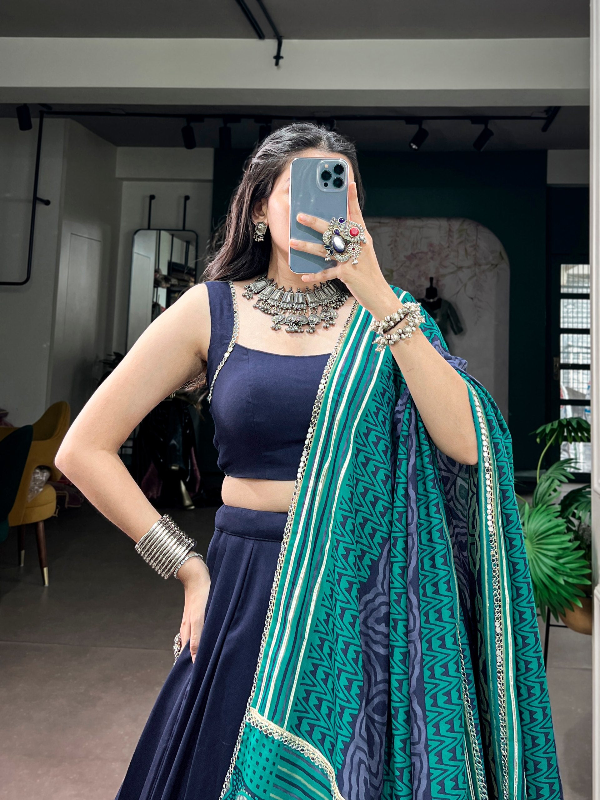Navy Blue Pure Rayon Gotta Patti Gamthi Work Navratri Lehenga Choli