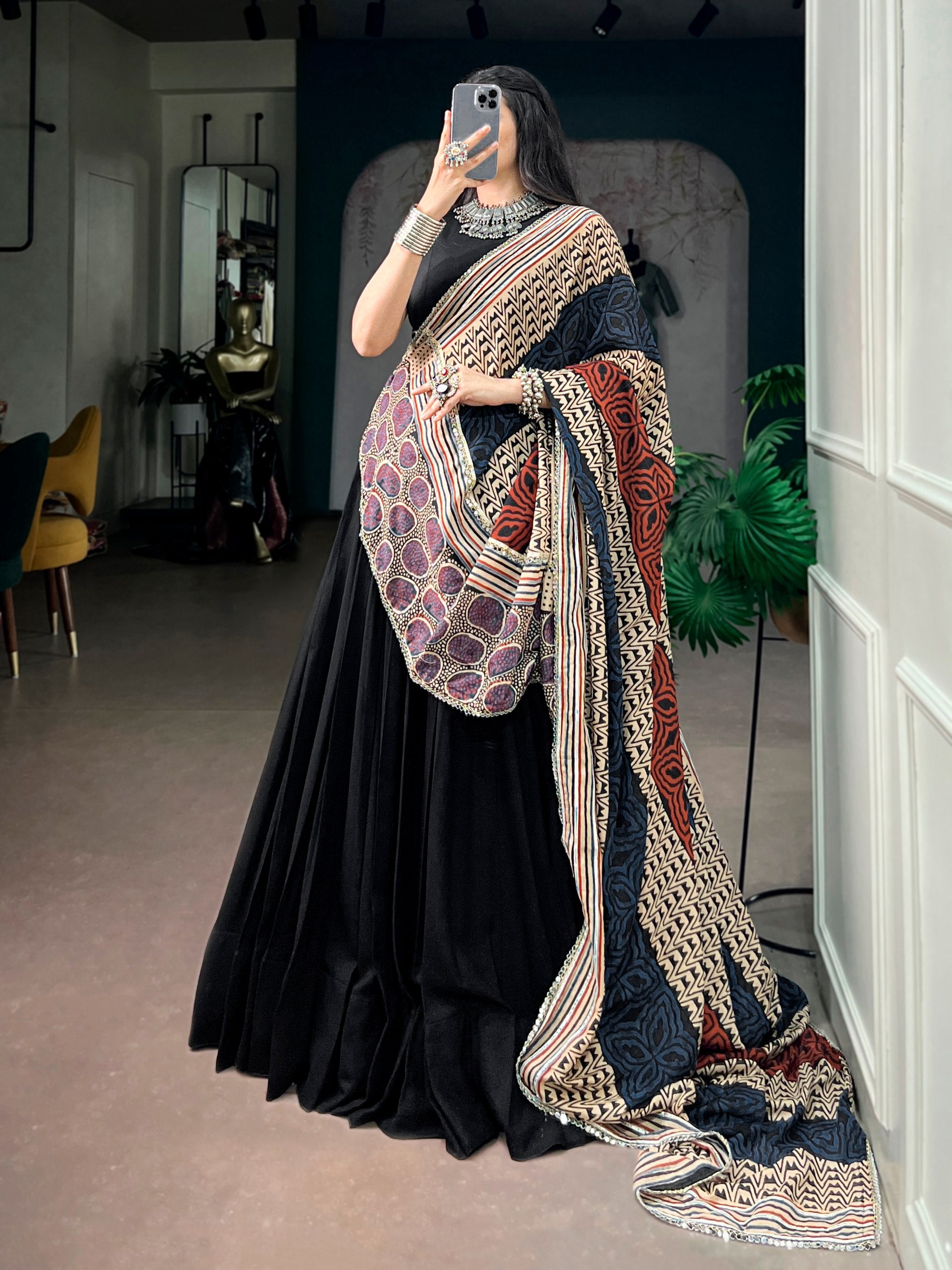 Black Pure Rayon Gotta Patti Gamthi Work Navratri Lehenga Choli