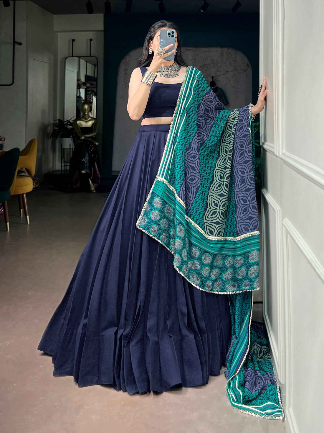 Navy Blue Pure Rayon Gotta Patti Gamthi Work Navratri Lehenga Choli