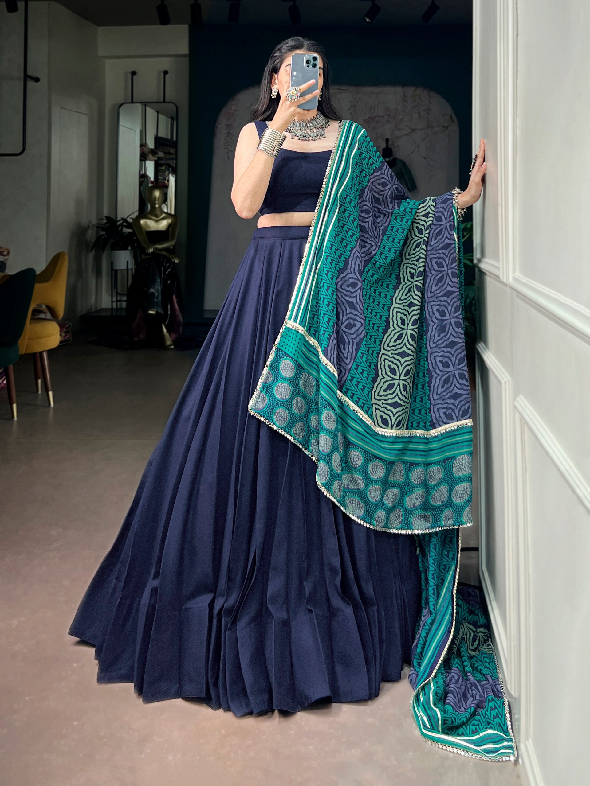 Navy Blue Pure Rayon Gotta Patti Gamthi Work Navratri Lehenga Choli