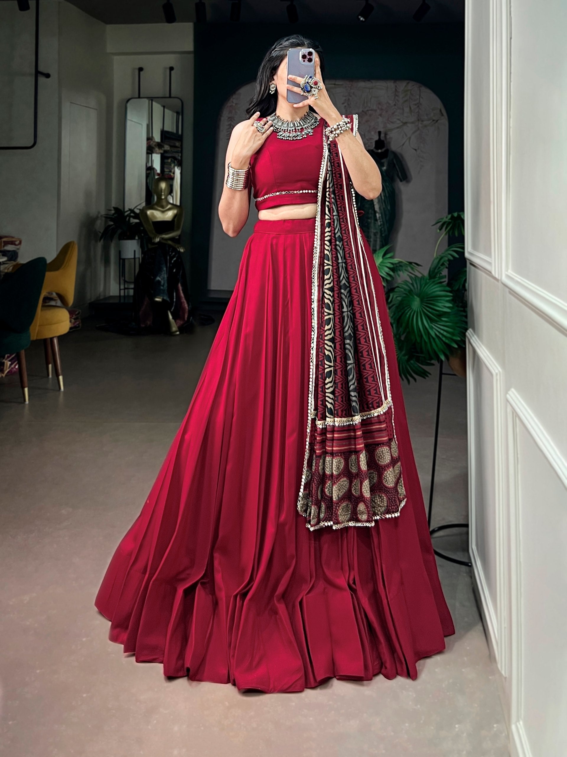 Red Pure Rayon Gotta Patti Gamthi Work Navratri Lehenga Choli