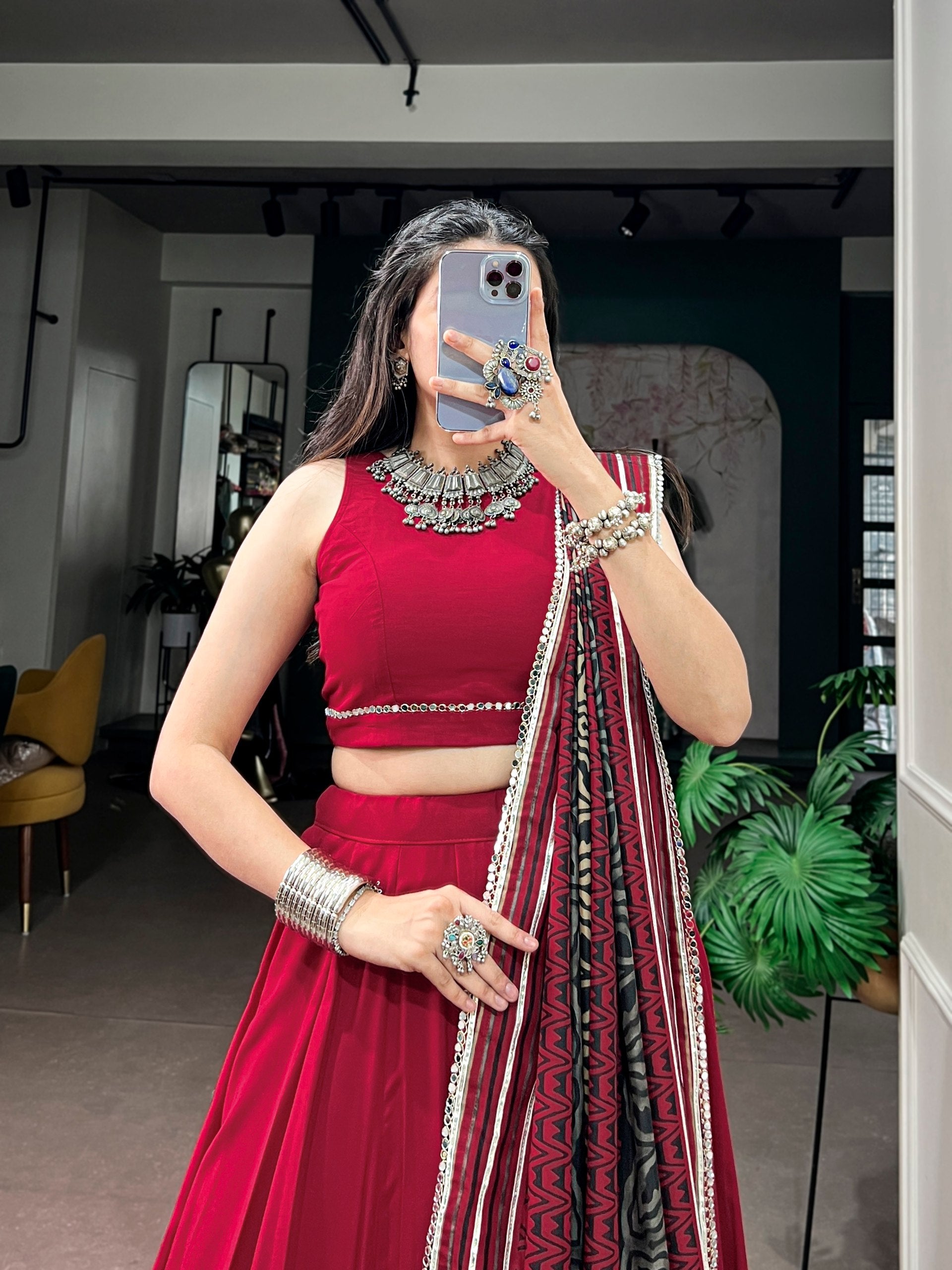 Red Pure Rayon Gotta Patti Gamthi Work Navratri Lehenga Choli