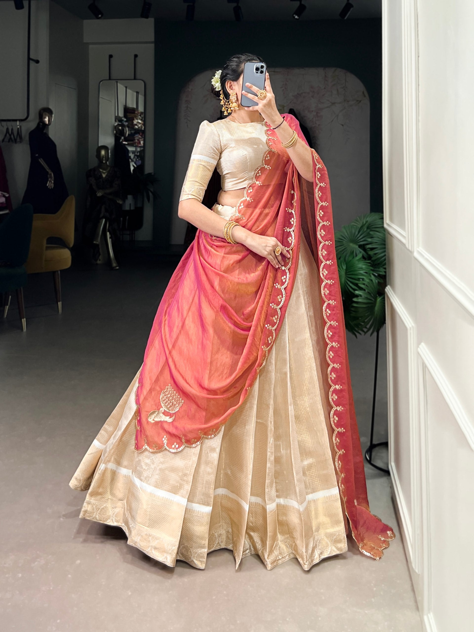 Pink Pure Jacquard Chex With Rich Zari Weaving Work South Indian Lehenga Choli