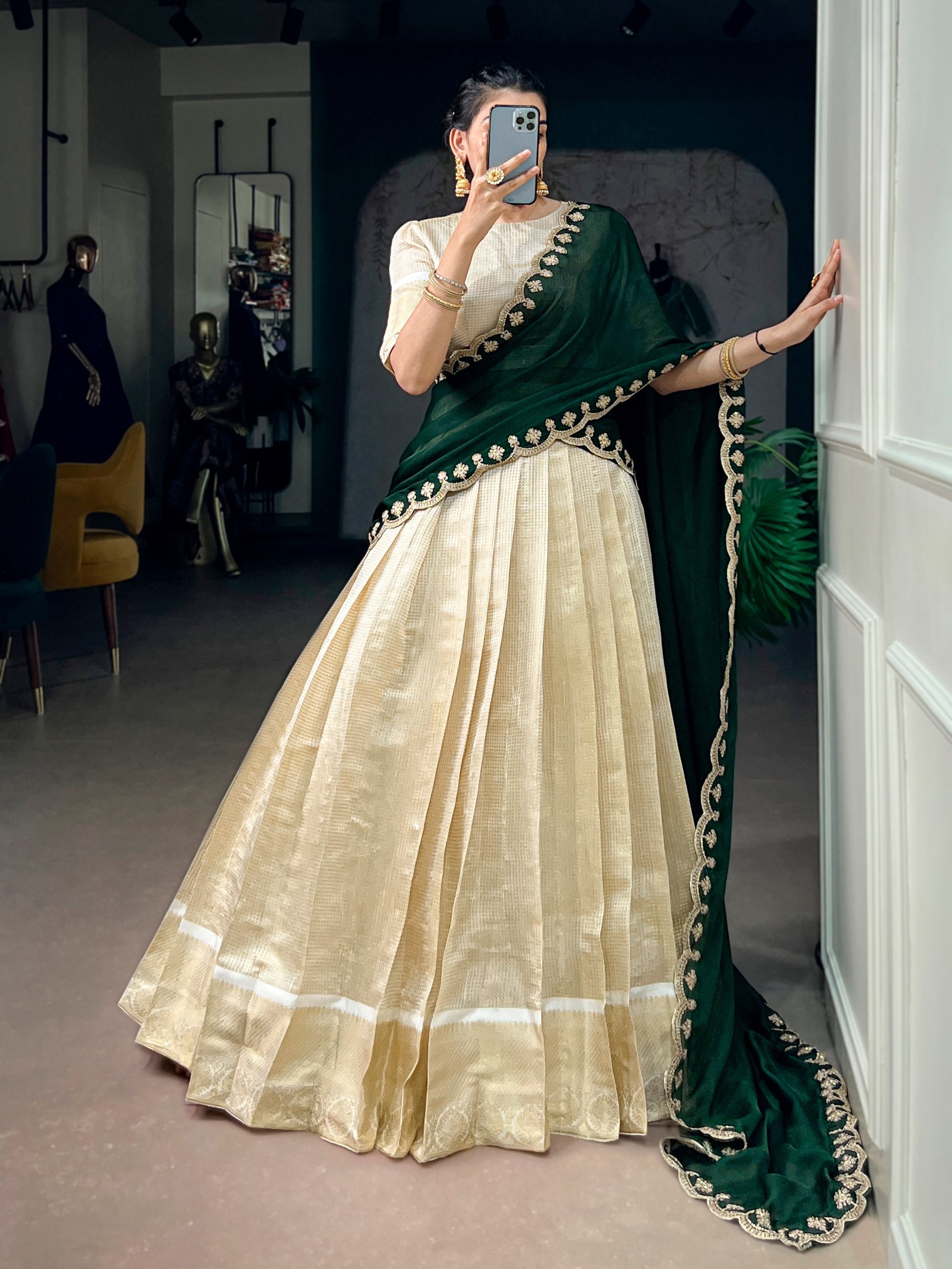 Green Pure Jacquard Chex With Rich Zari Weaving Work South Indian Lehenga Choli