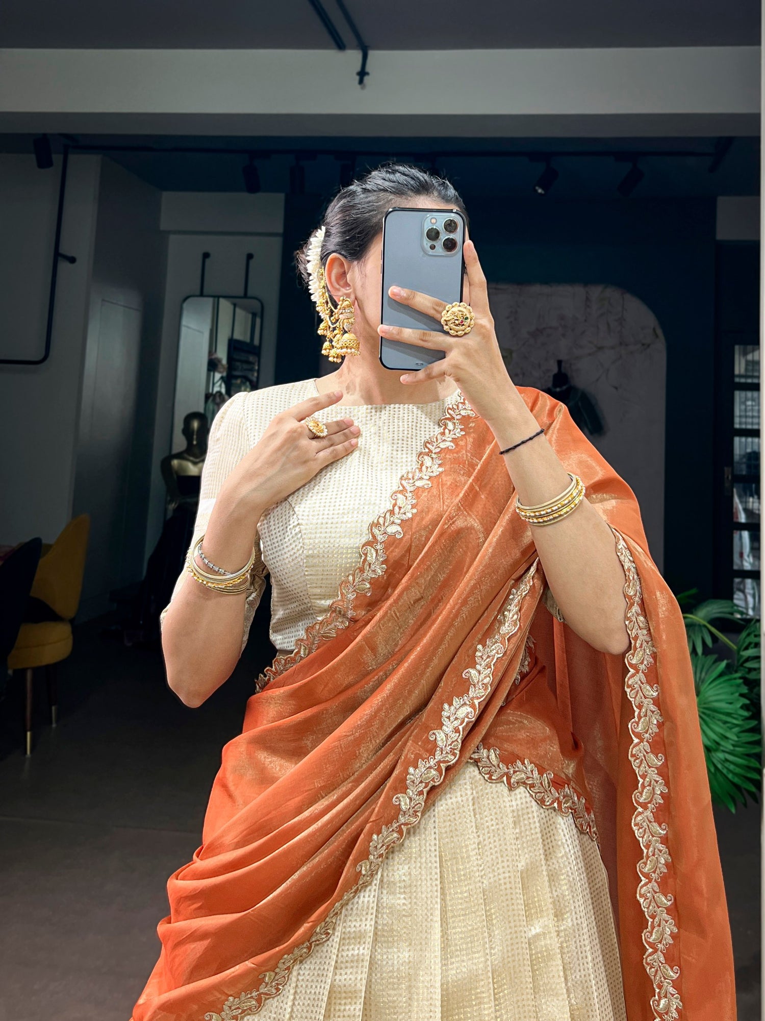Orange Pure Jacquard Chex With Rich Zari Weaving Work South Indian Lehenga Choli