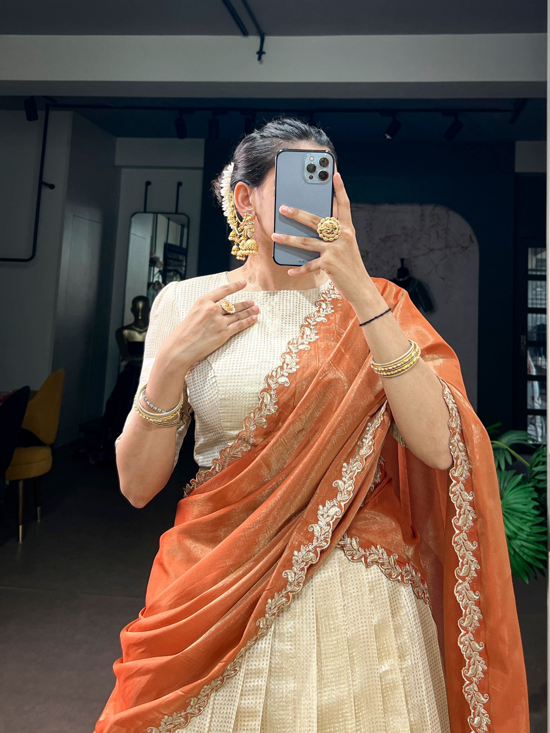 Orange Pure Jacquard Chex With Rich Zari Weaving Work South Indian Lehenga Choli