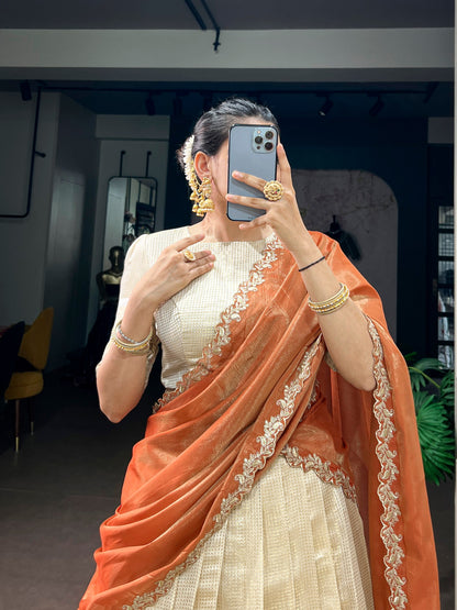 Orange Pure Jacquard Chex With Rich Zari Weaving Work South Indian Lehenga Choli