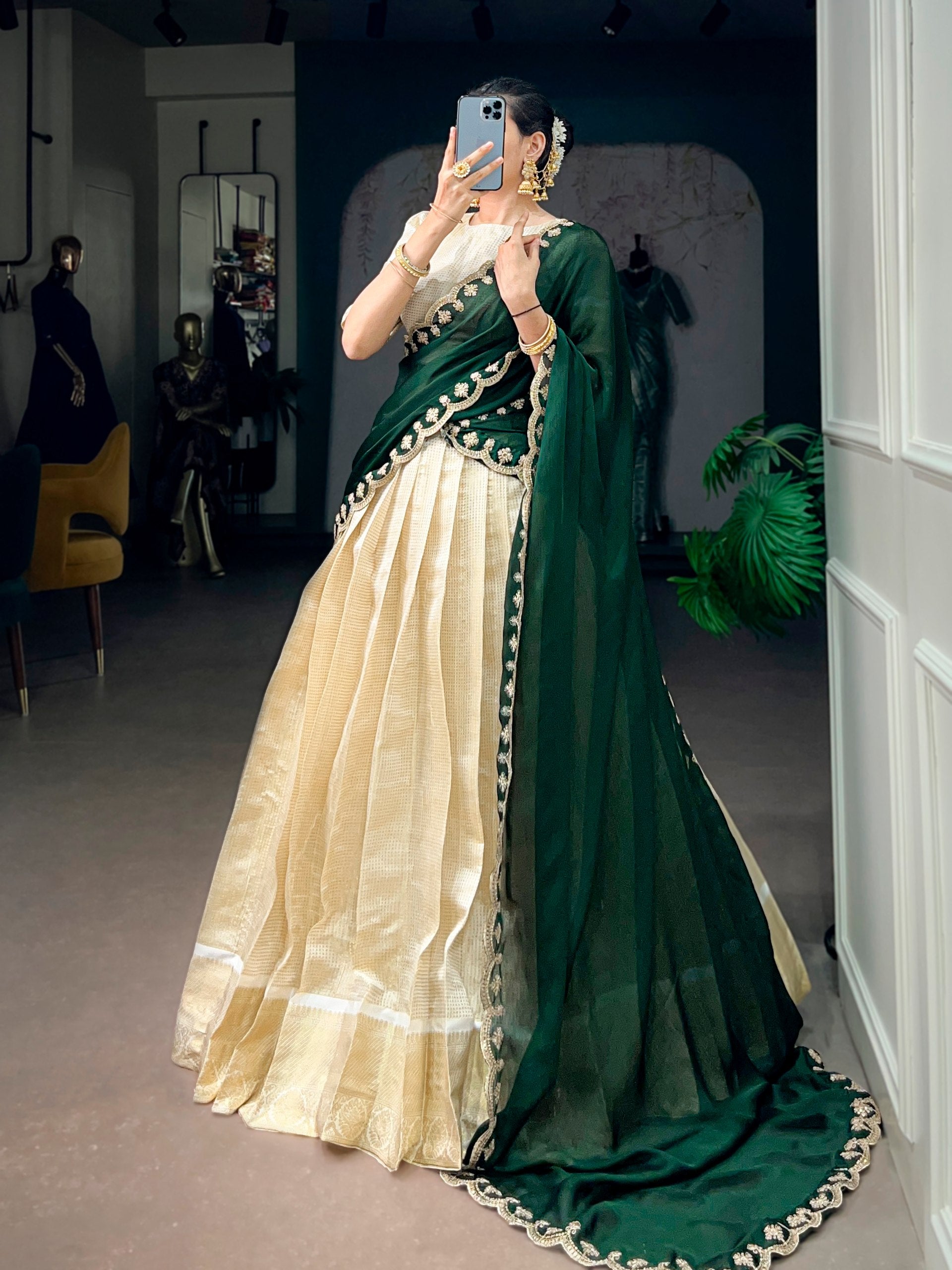 Green Pure Jacquard Chex With Rich Zari Weaving Work South Indian Lehenga Choli