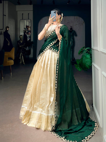 Green Pure Jacquard Chex With Rich Zari Weaving Work South Indian Lehenga Choli